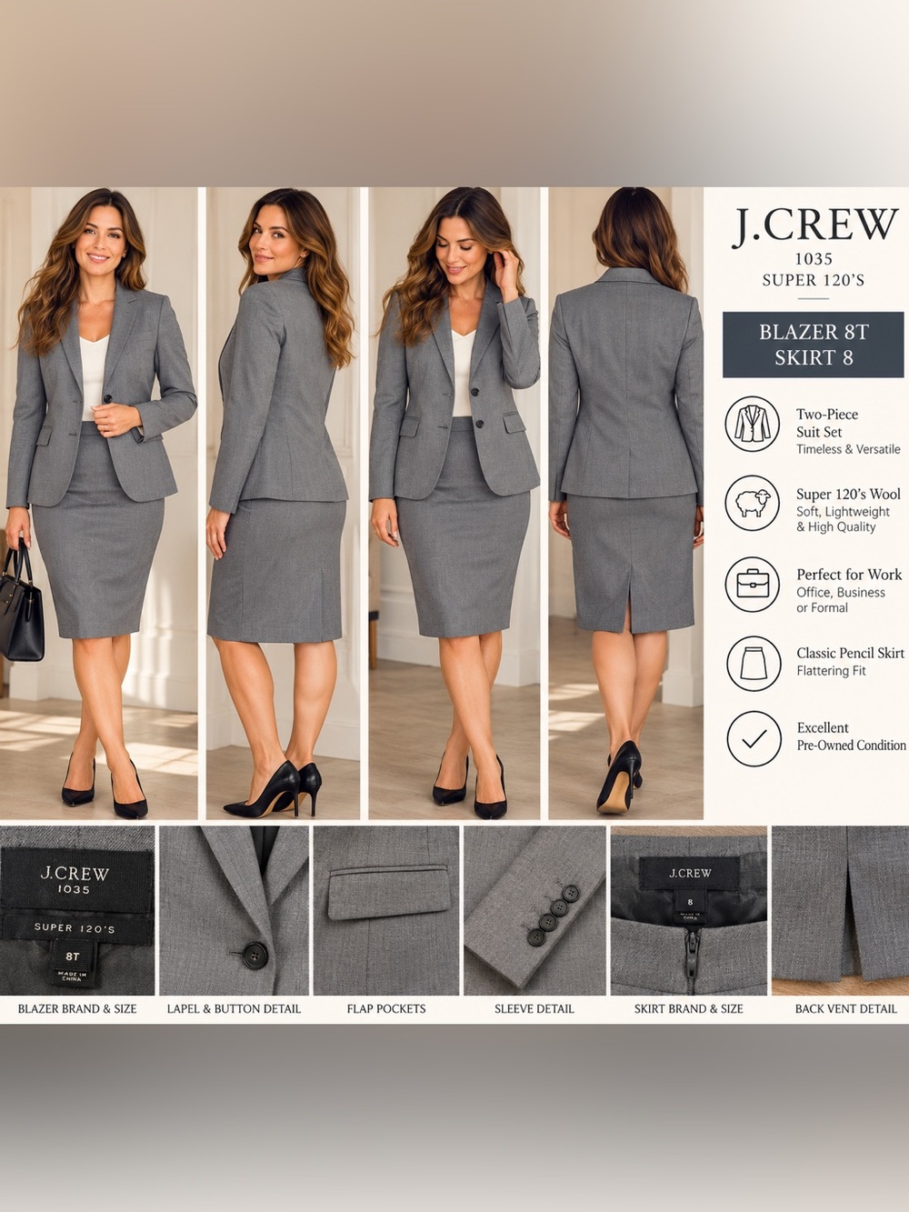 J.Crew 1035 Super 120’s Gray Wool Suit Blazer 8T Skirt 8 Two Piece Career